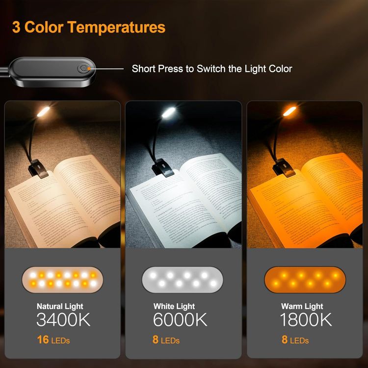 Picture of Gritin 16 LED Reading Light, Book Light - Eye Caring 3 Color Temperatures | Stepless Dimming Brightness, Power Indicator, Long-Lasting Rechargeable, Lightweight Flexible Clip on Lamp for Book Lovers