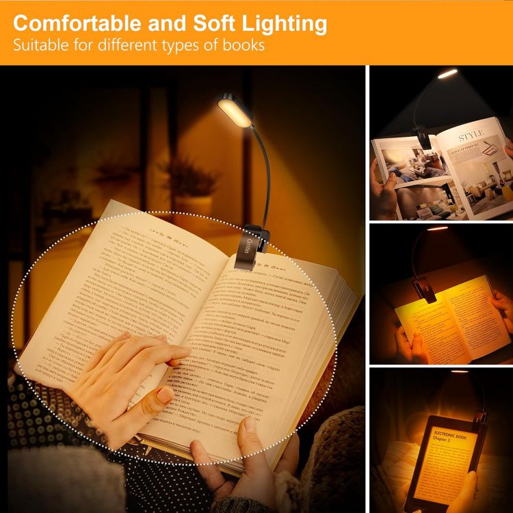 Picture of Gritin 16 LED Reading Light, Book Light - Eye Caring 3 Color Temperatures | Stepless Dimming Brightness, Power Indicator, Long-Lasting Rechargeable, Lightweight Flexible Clip on Lamp for Book Lovers