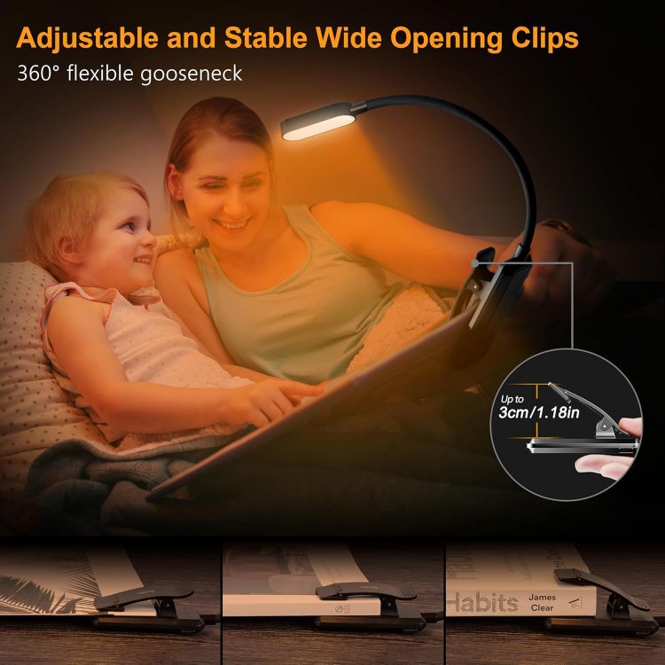 Picture of Gritin 16 LED Reading Light, Book Light - Eye Caring 3 Color Temperatures | Stepless Dimming Brightness, Power Indicator, Long-Lasting Rechargeable, Lightweight Flexible Clip on Lamp for Book Lovers