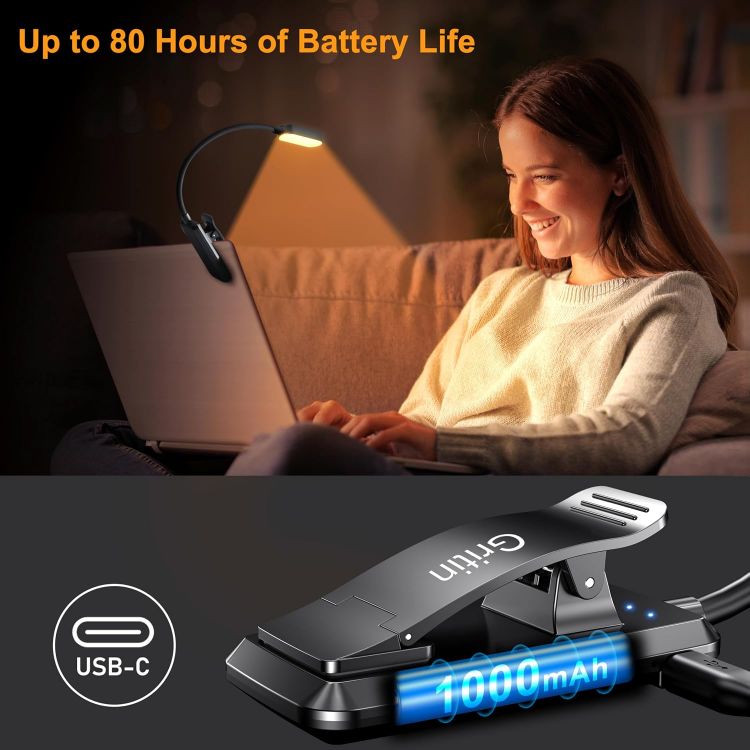 Picture of Gritin 16 LED Reading Light, Book Light - Eye Caring 3 Color Temperatures | Stepless Dimming Brightness, Power Indicator, Long-Lasting Rechargeable, Lightweight Flexible Clip on Lamp for Book Lovers