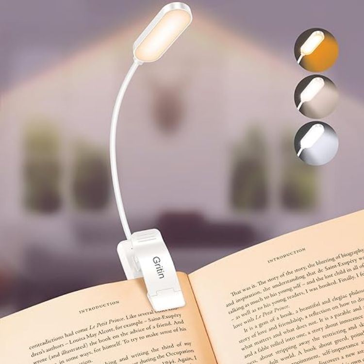 Picture of Gritin 16 LED Reading Light, Book Light - Eye Caring 3 Color Temperatures | Stepless Dimming Brightness, Power Indicator, Long-Lasting Rechargeable, Lightweight Flexible Clip on Lamp for Book Lovers