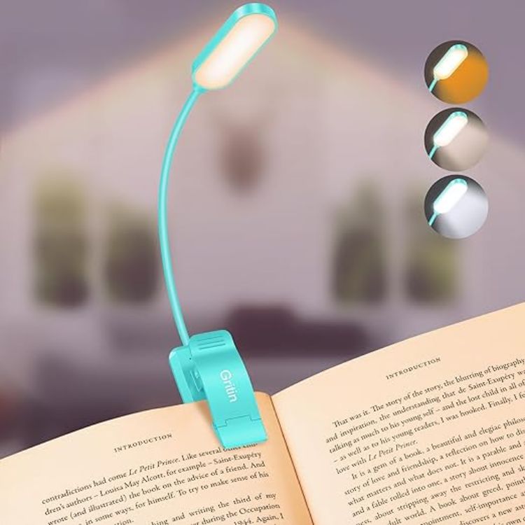 Picture of Gritin 16 LED Reading Light, Book Light - Eye Caring 3 Color Temperatures | Stepless Dimming Brightness, Power Indicator, Long-Lasting Rechargeable, Lightweight Flexible Clip on Lamp for Book Lovers