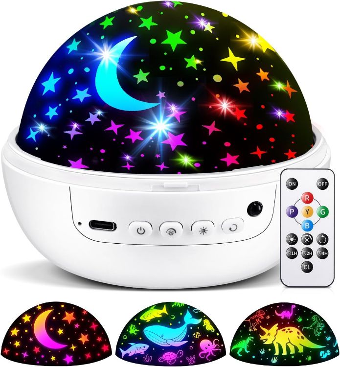 Picture of Night Light Projector 93 Lighting Mode,Baby Toys Gift Dimmable+Timer+Remote | 360°Rotate Sensory Lights,3Films-Star Moon,Dinosaur,Ocean,Exquisite Package Baby Boy Girl Gifts,Sensory Toys for Autism Kids [Energy Class G]