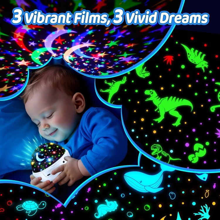 Picture of Night Light Projector 93 Lighting Mode,Baby Toys Gift Dimmable+Timer+Remote | 360°Rotate Sensory Lights,3Films-Star Moon,Dinosaur,Ocean,Exquisite Package Baby Boy Girl Gifts,Sensory Toys for Autism Kids [Energy Class G]