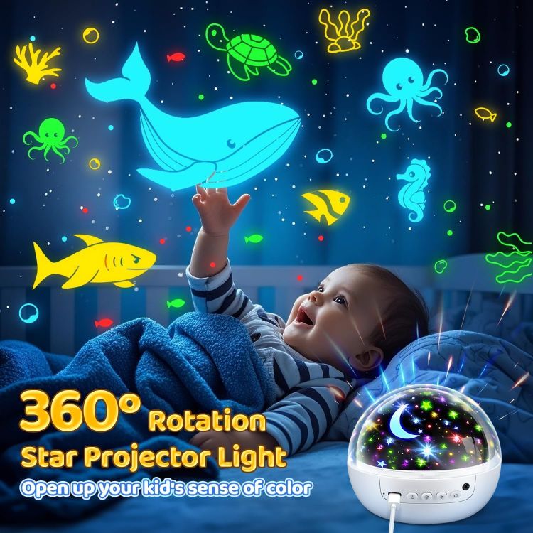 Picture of Night Light Projector 93 Lighting Mode,Baby Toys Gift Dimmable+Timer+Remote | 360°Rotate Sensory Lights,3Films-Star Moon,Dinosaur,Ocean,Exquisite Package Baby Boy Girl Gifts,Sensory Toys for Autism Kids [Energy Class G]