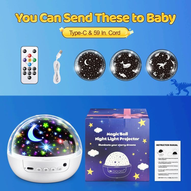 Picture of Night Light Projector 93 Lighting Mode,Baby Toys Gift Dimmable+Timer+Remote | 360°Rotate Sensory Lights,3Films-Star Moon,Dinosaur,Ocean,Exquisite Package Baby Boy Girl Gifts,Sensory Toys for Autism Kids [Energy Class G]