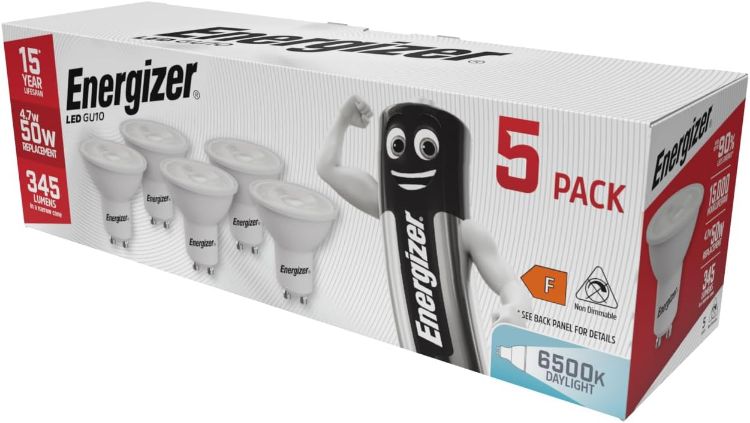 Picture of Energizer GU10 LED Bulbs Daylight White - 6500K 50W Halogen Spotlight Equivalent – 345LM - Non Dimmable. Pack of 5 | 345-lumen non-dimmable GU10 spotlight bulbs for kitchen, bathroom and ceiling lighting, with energy-saving LED technology. [Energy Class F]