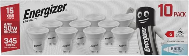 Picture of Energizer GU10 LED Bulbs Daylight White - 6500K 50W Halogen Spotlight Equivalent – 345LM - Non Dimmable. Pack of 5 | 345-lumen non-dimmable GU10 spotlight bulbs for kitchen, bathroom and ceiling lighting, with energy-saving LED technology. [Energy Class F]