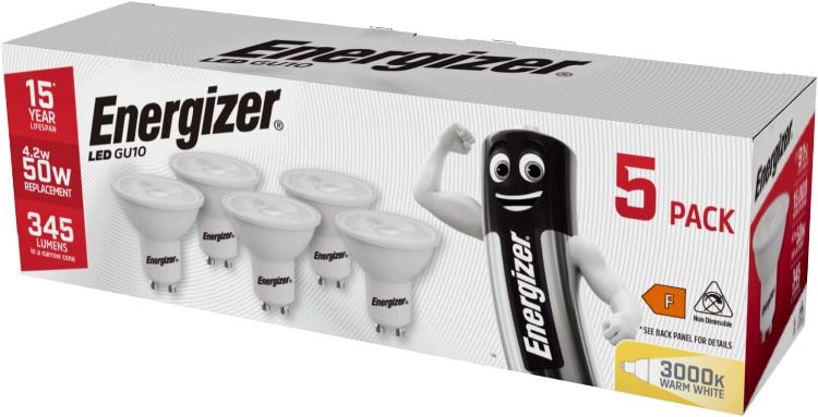 Picture of Energizer GU10 LED Bulbs Warm White 3000K Light Bulb Pack of 5 – 50W Halogen Spotlight Bulb Equivalent – 345LM Energy Saving GU10 Non Dimmable LED Bulbs | 345-lumen non-dimmable GU10 spotlight bulbs for kitchen, bathroom and ceiling lighting, with energy-saving LED technology. [Energy Class F]