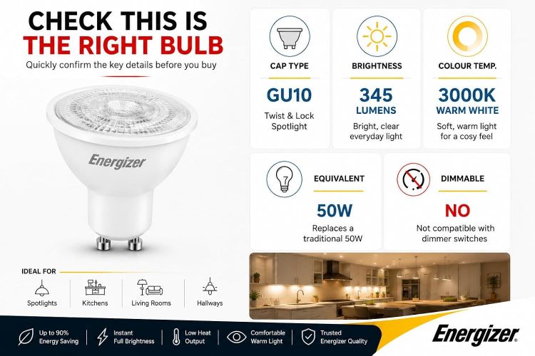 Picture of Energizer GU10 LED Bulbs Warm White 3000K Light Bulb Pack of 5 – 50W Halogen Spotlight Bulb Equivalent – 345LM Energy Saving GU10 Non Dimmable LED Bulbs | 345-lumen non-dimmable GU10 spotlight bulbs for kitchen, bathroom and ceiling lighting, with energy-saving LED technology. [Energy Class F]