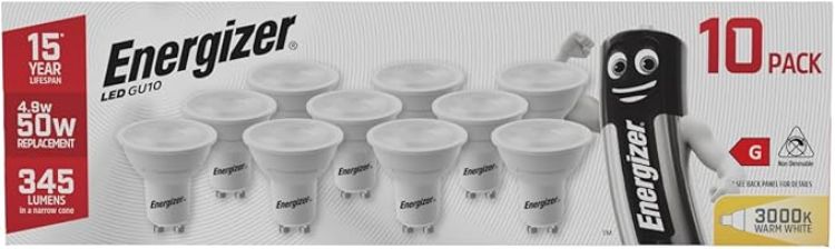 Picture of Energizer GU10 LED Bulbs Warm White 3000K Light Bulb Pack of 5 – 50W Halogen Spotlight Bulb Equivalent – 345LM Energy Saving GU10 Non Dimmable LED Bulbs | 345-lumen non-dimmable GU10 spotlight bulbs for kitchen, bathroom and ceiling lighting, with energy-saving LED technology. [Energy Class F]