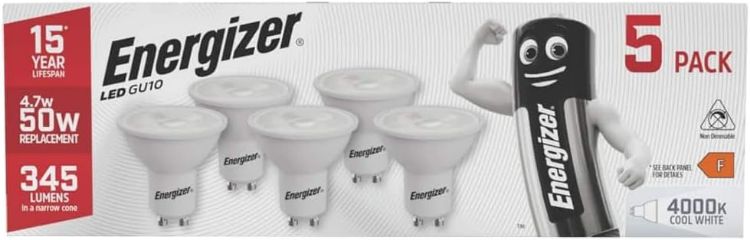 Picture of Energizer GU10 LED Bulbs Cool White. 50w Equivalent Spotlight Bulbs. 4000k 345 Lumen. Non Dimmable - Pack of 5 | 345-lumen non-dimmable GU10 spotlight bulbs for kitchen, bathroom and ceiling lighting, with energy-saving LED technology. [Energy Class F]
