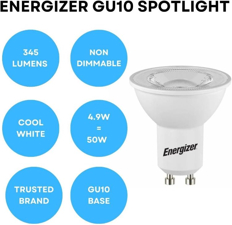Picture of Energizer GU10 LED Bulbs Cool White. 50w Equivalent Spotlight Bulbs. 4000k 345 Lumen. Non Dimmable - Pack of 5 | 345-lumen non-dimmable GU10 spotlight bulbs for kitchen, bathroom and ceiling lighting, with energy-saving LED technology. [Energy Class F]