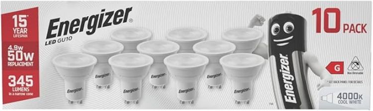 Picture of Energizer GU10 LED Bulbs Cool White. 50w Equivalent Spotlight Bulbs. 4000k 345 Lumen. Non Dimmable - Pack of 5 | 345-lumen non-dimmable GU10 spotlight bulbs for kitchen, bathroom and ceiling lighting, with energy-saving LED technology. [Energy Class F]