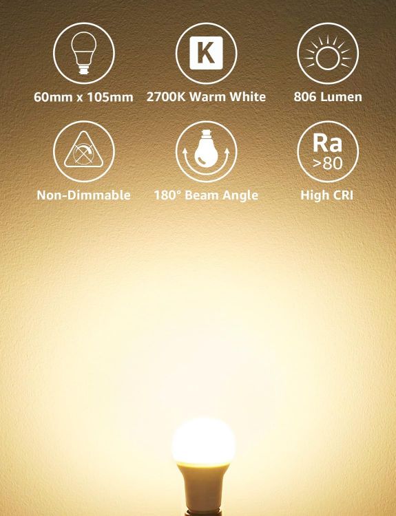 Picture of Lepro Bayonet Light Bulb, 8.5W=60W, 806lm, Warm White 2700K, Pack of 3 | B22 LED Bulb, BC A60 GLS Save 86% Energy Lightbulbs, No Flicker, Non-dimmable [Energy Class F]
