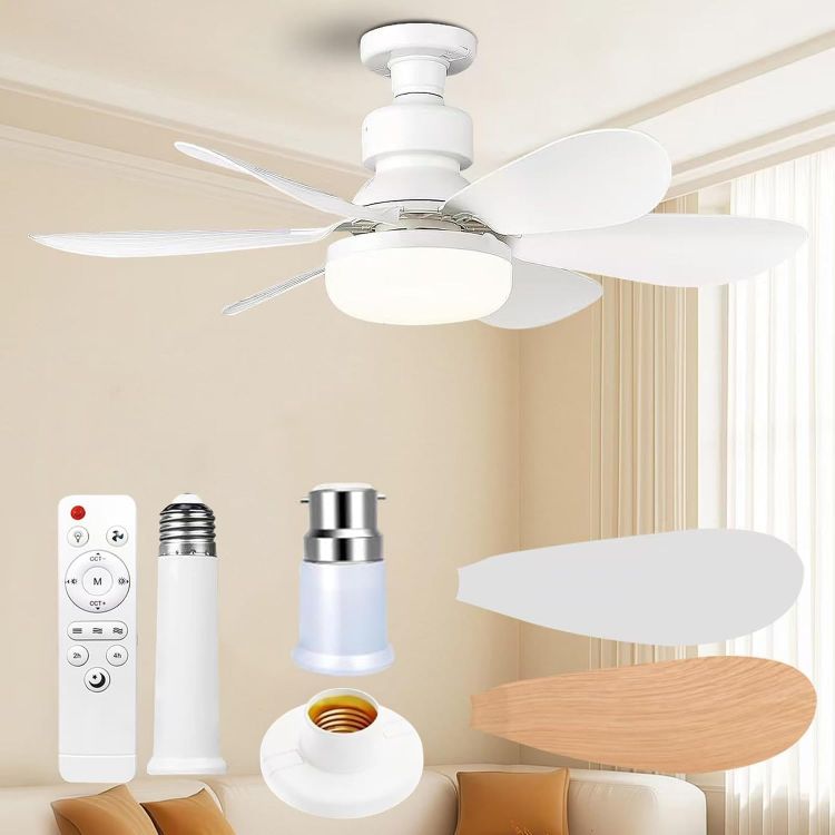 Picture of Ceiling Fan Light, FIBRAVE E27 Fan Lights with Remote Control, Stepless Dimmable 30W 1800 Lumens 3000-6500K 3-Color 3-Speed, Small Ceiling Fan with Light for Bedroom, Kitchen, Bathroom (White) [Energy Class D]
