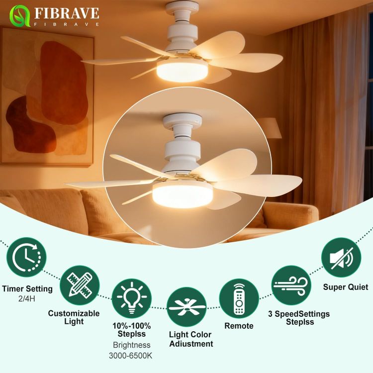 Picture of Ceiling Fan Light, FIBRAVE E27 Fan Lights with Remote Control, Stepless Dimmable 30W 1800 Lumens 3000-6500K 3-Color 3-Speed, Small Ceiling Fan with Light for Bedroom, Kitchen, Bathroom (White) [Energy Class D]