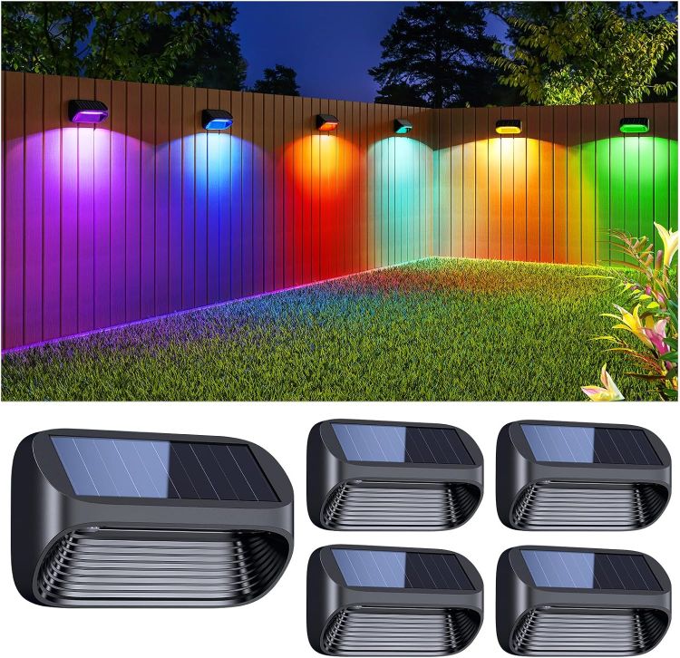Picture of Solar Fence Lights, 4 Pack Wall Solar Lights Outdoor Garden Fence with White Light and Multi-Color Light, 8 Modes Outdoor Light Waterproof for Garden Ornaments Outdoor, Step, Fence, Yard