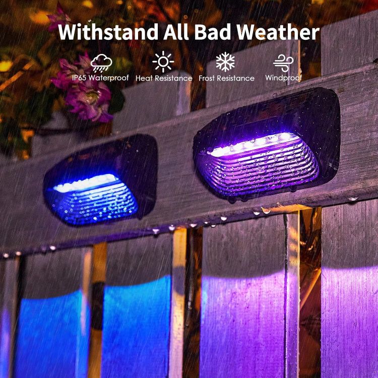 Picture of Solar Fence Lights, 4 Pack Wall Solar Lights Outdoor Garden Fence with White Light and Multi-Color Light, 8 Modes Outdoor Light Waterproof for Garden Ornaments Outdoor, Step, Fence, Yard