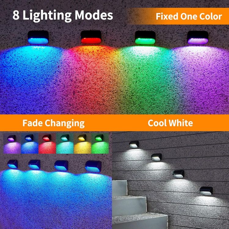 Picture of Solar Fence Lights, 4 Pack Wall Solar Lights Outdoor Garden Fence with White Light and Multi-Color Light, 8 Modes Outdoor Light Waterproof for Garden Ornaments Outdoor, Step, Fence, Yard