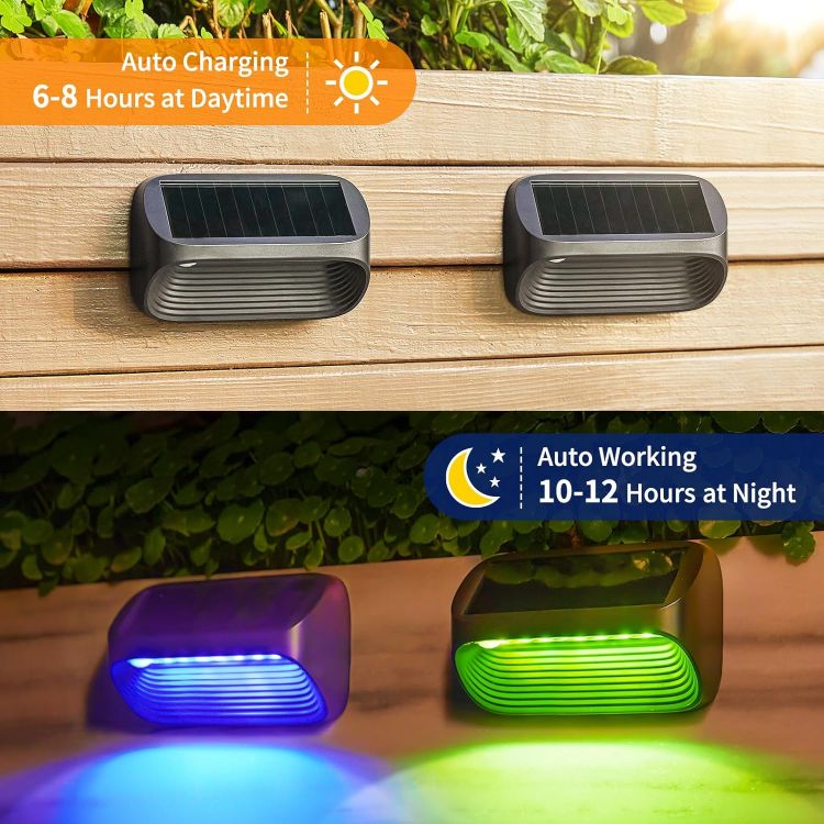 Picture of Solar Fence Lights, 4 Pack Wall Solar Lights Outdoor Garden Fence with White Light and Multi-Color Light, 8 Modes Outdoor Light Waterproof for Garden Ornaments Outdoor, Step, Fence, Yard