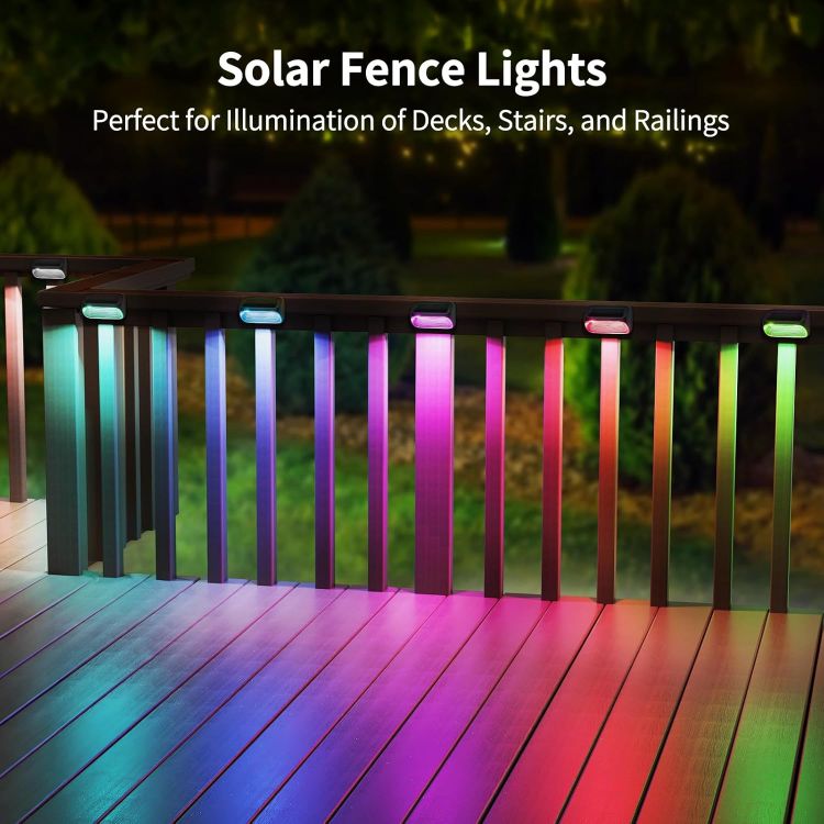 Picture of Solar Fence Lights, 4 Pack Wall Solar Lights Outdoor Garden Fence with White Light and Multi-Color Light, 8 Modes Outdoor Light Waterproof for Garden Ornaments Outdoor, Step, Fence, Yard