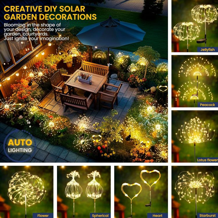 Picture of Solar Lights Outdoor Garden, Solar Firework Lights 120 LEDs 4 Packs, Starburst Light Waterproof for Yard Lawn Party Patio Wedding Decor(Warm White) [Energy Class A]