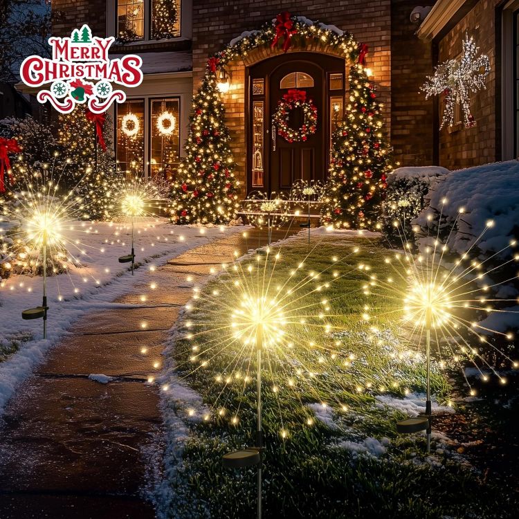 Picture of Solar Lights Outdoor Garden, Solar Firework Lights 120 LEDs 4 Packs, Starburst Light Waterproof for Yard Lawn Party Patio Wedding Decor(Warm White) [Energy Class A]