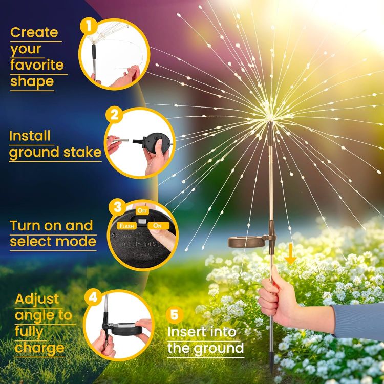 Picture of Solar Lights Outdoor Garden, Solar Firework Lights 120 LEDs 4 Packs, Starburst Light Waterproof for Yard Lawn Party Patio Wedding Decor(Warm White) [Energy Class A]