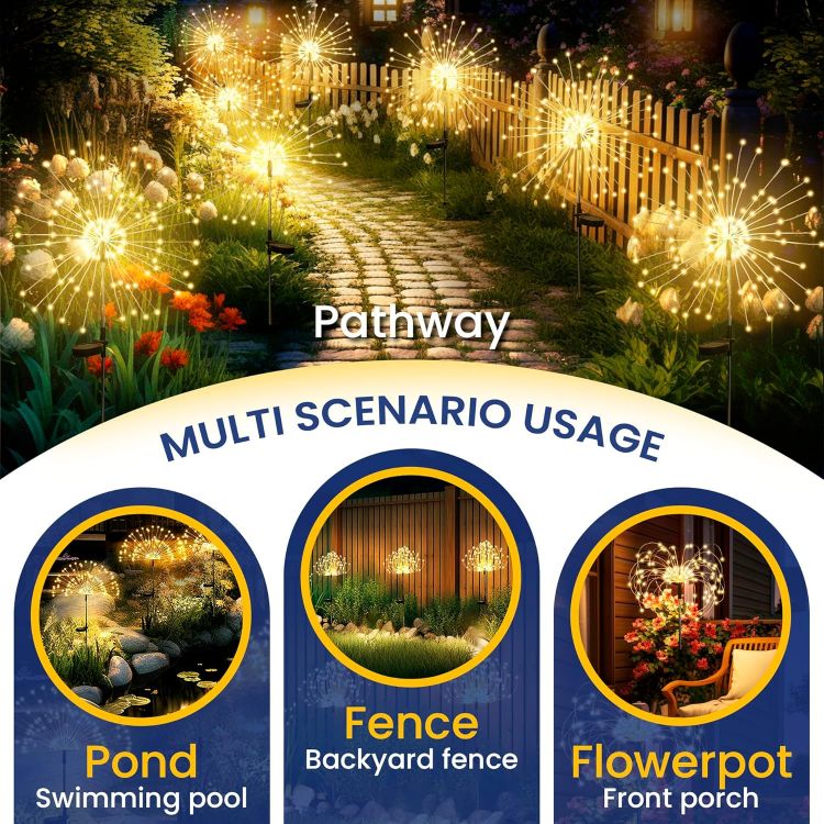 Picture of Solar Lights Outdoor Garden, Solar Firework Lights 120 LEDs 4 Packs, Starburst Light Waterproof for Yard Lawn Party Patio Wedding Decor(Warm White) [Energy Class A]