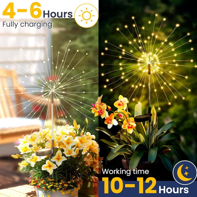 Picture of Solar Lights Outdoor Garden, Solar Firework Lights 120 LEDs 4 Packs, Starburst Light Waterproof for Yard Lawn Party Patio Wedding Decor(Warm White) [Energy Class A]