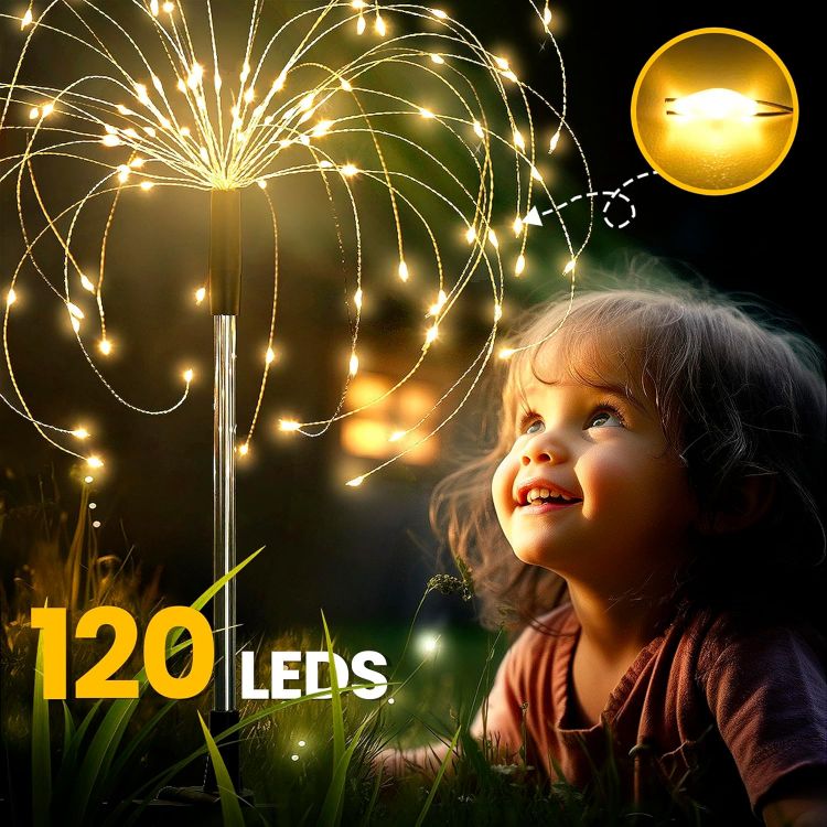 Picture of Solar Lights Outdoor Garden, Solar Firework Lights 120 LEDs 4 Packs, Starburst Light Waterproof for Yard Lawn Party Patio Wedding Decor(Warm White) [Energy Class A]