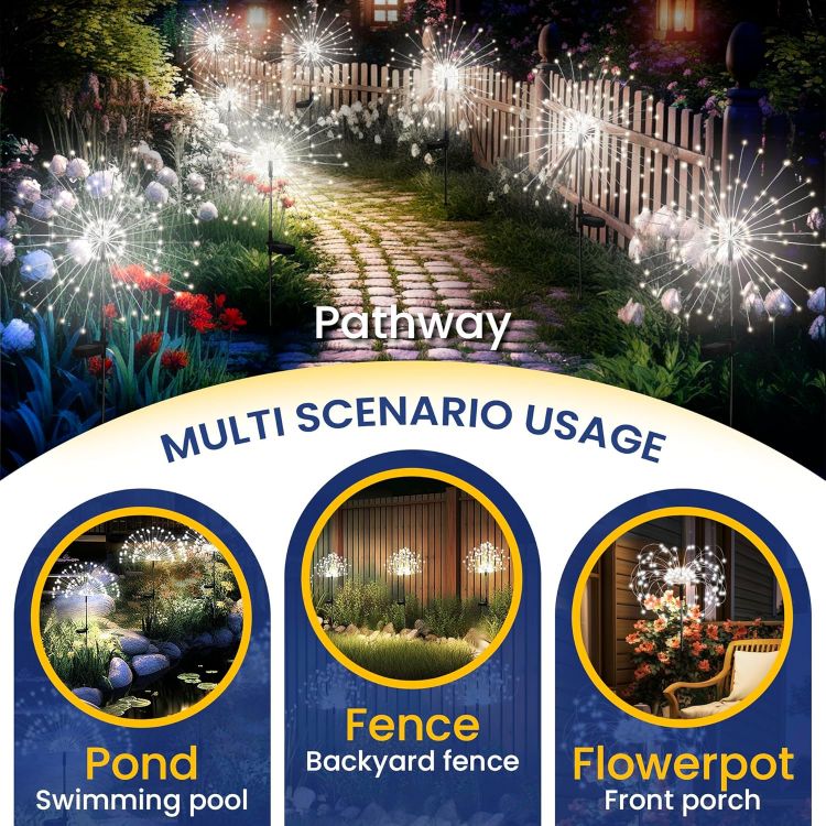Picture of Solar Firework Lights, 4 Pack Waterproof 120LED Solar Starburst Light for Yard, Balcony, Patio, Planter Garden Decor (Cold White) [Energy Class A]