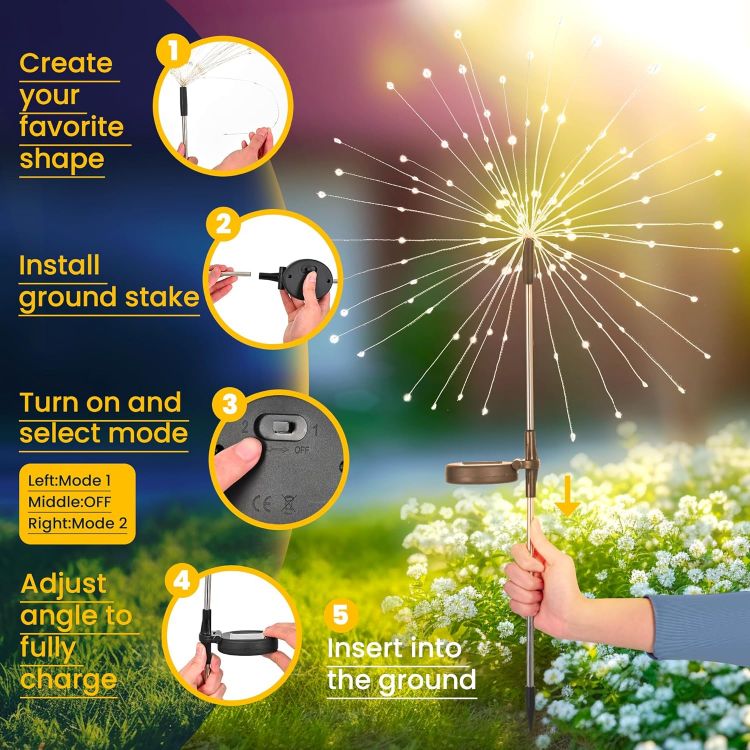 Picture of Solar Firework Lights, 4 Pack Waterproof 120LED Solar Starburst Light for Yard, Balcony, Patio, Planter Garden Decor (Cold White) [Energy Class A]