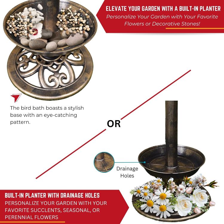 Picture of NEW 3 in 1 Bird Bath with Solar Light and Planter Garden Summer Birds Water
