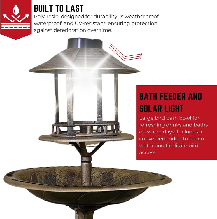 Picture of NEW 3 in 1 Bird Bath with Solar Light and Planter Garden Summer Birds Water