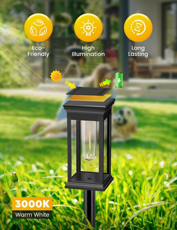 Picture of Solar Lights Outdoor, 4 Pack Solar Garden Lights Tungsten Glow, Warm White, 800mAh, IP65 Waterproof Auto On/Off Lighting for Garden, Patio, Path, Lawn