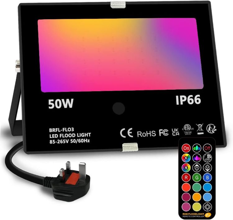 Picture of LED Floodlight Outdoor 50W, Colour Changing Flood Lights with Remote Control, Timing, 4 Modes, IP66 Waterproof, UK 3-Plug，1 Pack [Energy Class E]