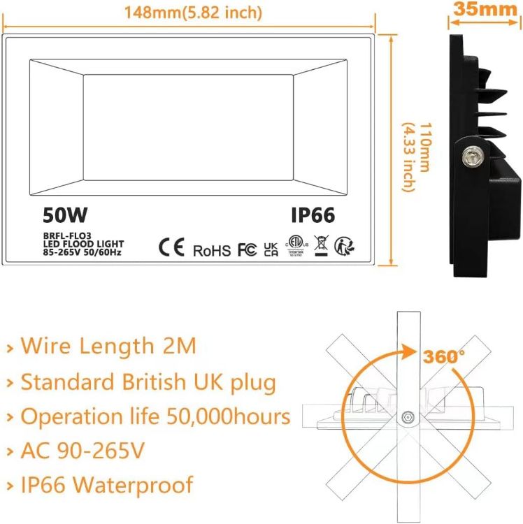 Picture of LED Floodlight Outdoor 50W, Colour Changing Flood Lights with Remote Control, Timing, 4 Modes, IP66 Waterproof, UK 3-Plug，1 Pack [Energy Class E]