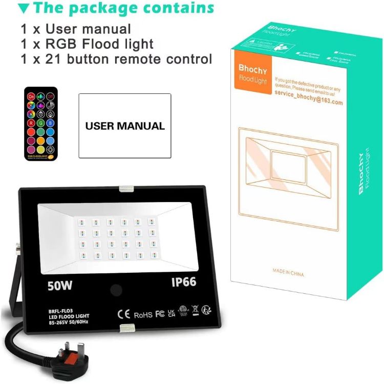 Picture of LED Floodlight Outdoor 50W, Colour Changing Flood Lights with Remote Control, Timing, 4 Modes, IP66 Waterproof, UK 3-Plug，1 Pack [Energy Class E]