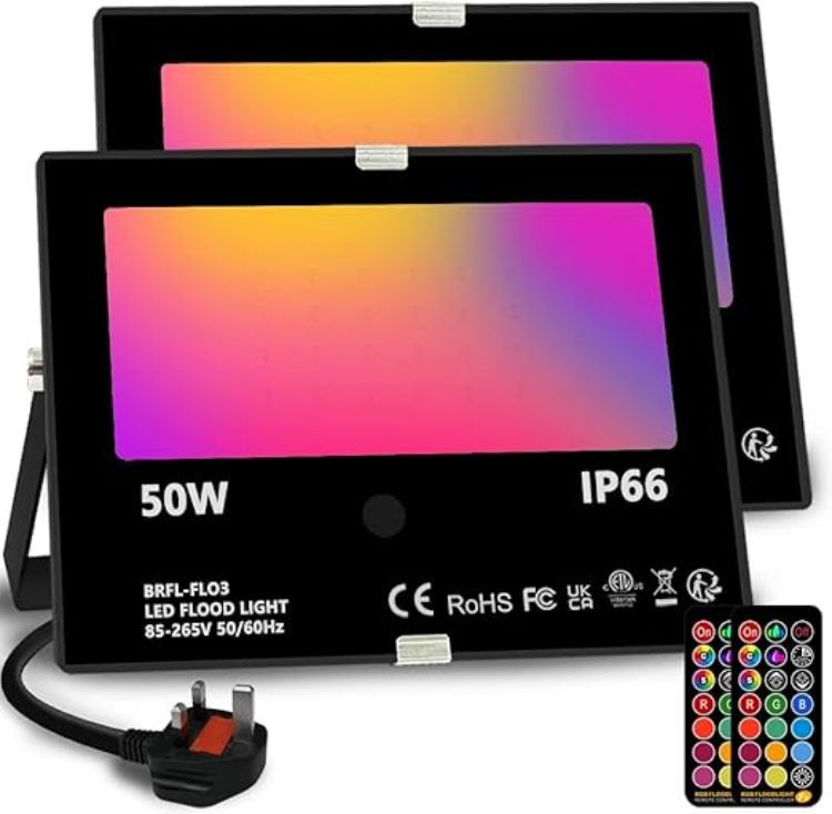 Picture of LED Floodlight Outdoor 50W, Colour Changing Flood Lights with Remote Control, Timing, 4 Modes, IP66 Waterproof, UK 3-Plug，1 Pack [Energy Class E]