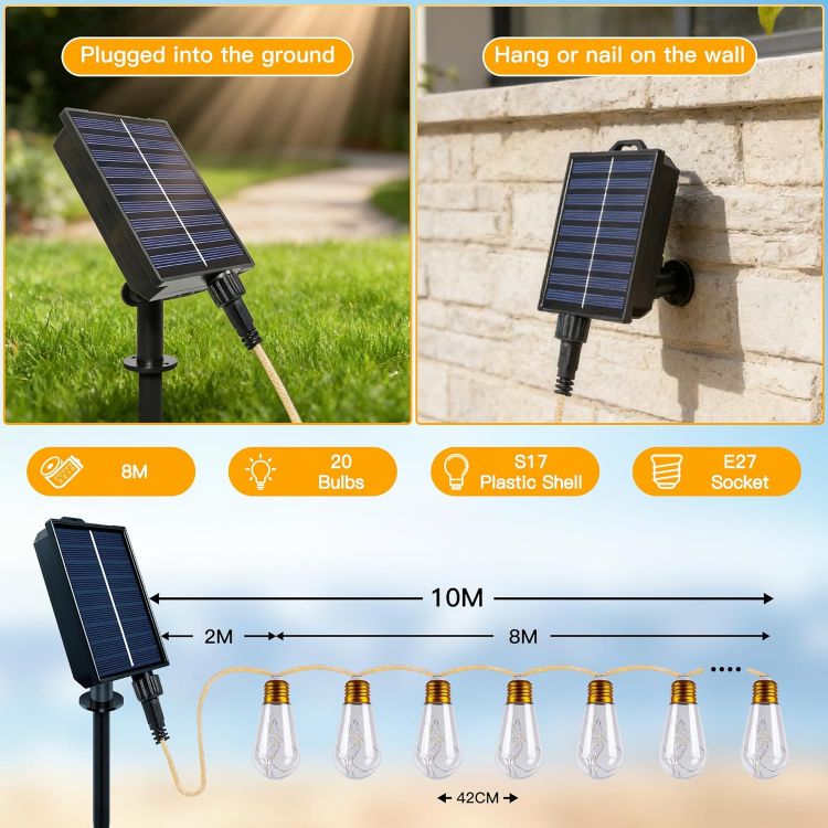 Picture of Solar Lights Outdoor Garden Light 10m 20 S17 Bulbs Rope Fairy Lights | 10m 20 S17 Shatterproof Bulbs Solar Powered 1800mAh Battery Low Voltage IP45 8 Modes 3 Timer 4 Brightness with Remote Control [Energy Class G]