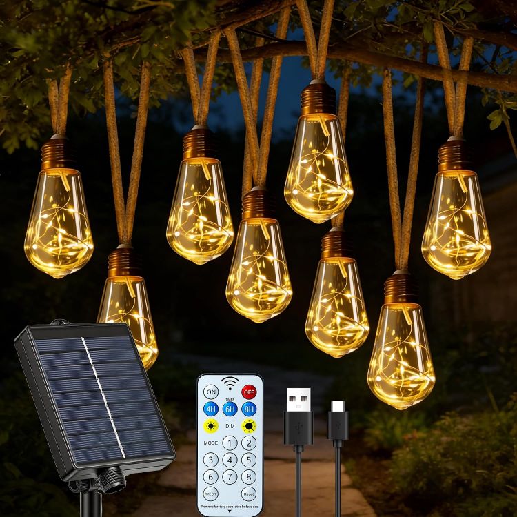 Picture of Solar Lights Outdoor Garden Light 10m 20 S17 Bulbs Rope Fairy Lights | 10m 20 S17 Shatterproof Bulbs Solar Powered 1800mAh Battery Low Voltage IP45 8 Modes 3 Timer 4 Brightness with Remote Control [Energy Class G]