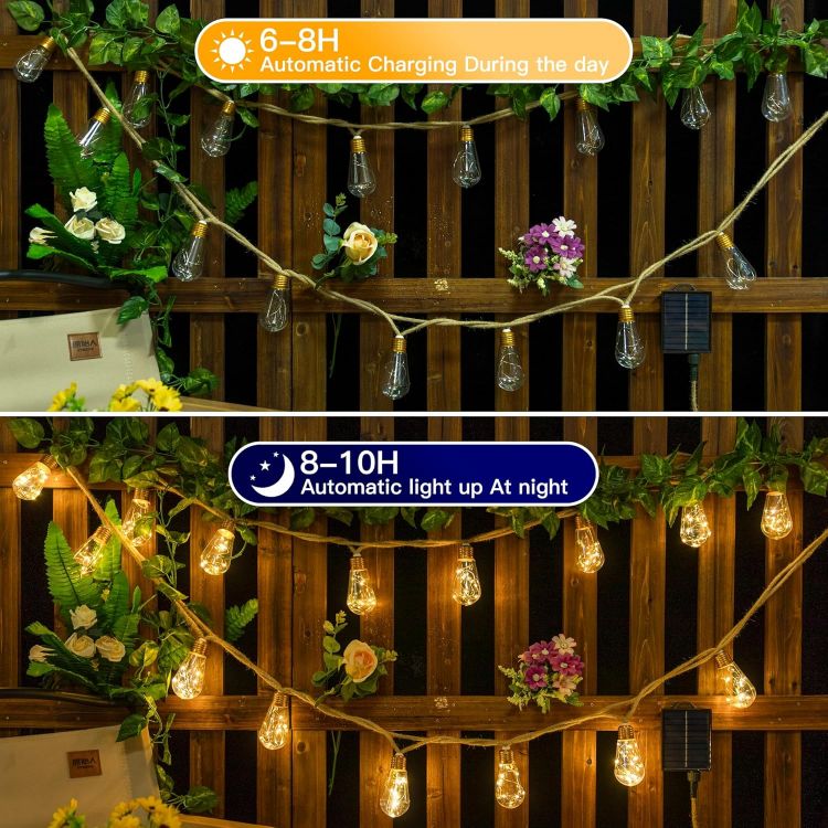 Picture of Solar Lights Outdoor Garden Light 10m 20 S17 Bulbs Rope Fairy Lights | 10m 20 S17 Shatterproof Bulbs Solar Powered 1800mAh Battery Low Voltage IP45 8 Modes 3 Timer 4 Brightness with Remote Control [Energy Class G]