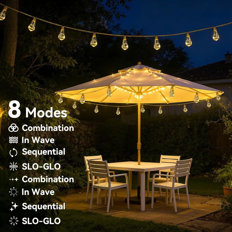 Picture of Solar Lights Outdoor Garden Light 10m 20 S17 Bulbs Rope Fairy Lights | 10m 20 S17 Shatterproof Bulbs Solar Powered 1800mAh Battery Low Voltage IP45 8 Modes 3 Timer 4 Brightness with Remote Control [Energy Class G]