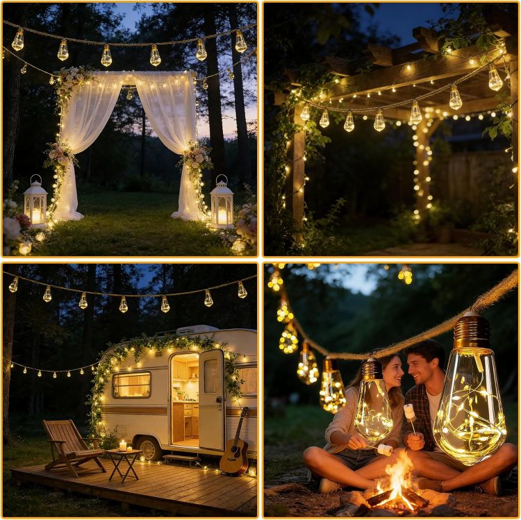 Picture of Solar Lights Outdoor Garden Light 10m 20 S17 Bulbs Rope Fairy Lights | 10m 20 S17 Shatterproof Bulbs Solar Powered 1800mAh Battery Low Voltage IP45 8 Modes 3 Timer 4 Brightness with Remote Control [Energy Class G]