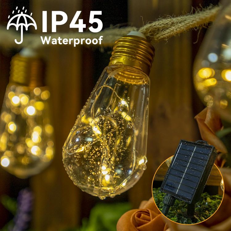 Picture of Solar Lights Outdoor Garden Light 10m 20 S17 Bulbs Rope Fairy Lights | 10m 20 S17 Shatterproof Bulbs Solar Powered 1800mAh Battery Low Voltage IP45 8 Modes 3 Timer 4 Brightness with Remote Control [Energy Class G]