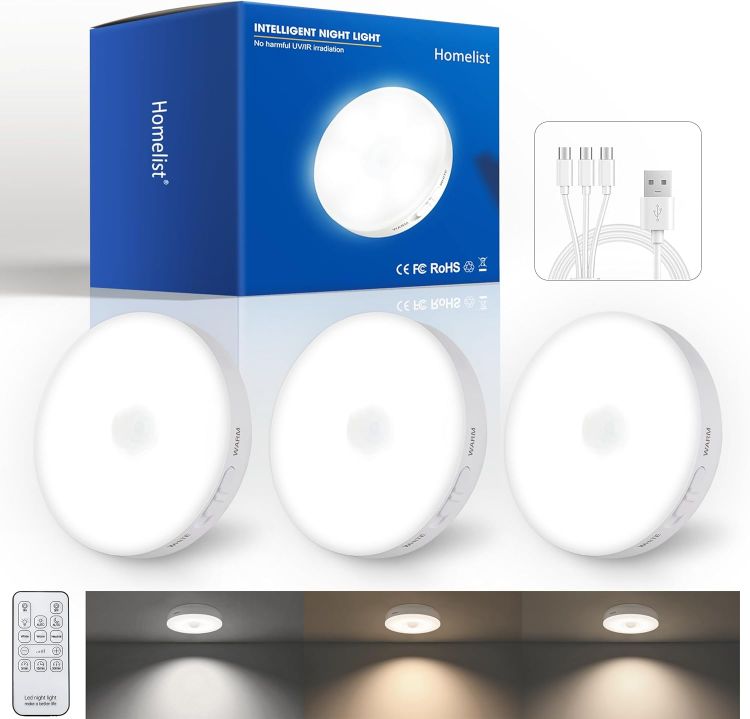 Picture of Homelist Newly Upgraded Super Bright Lights, 80LM 1500mAh Rechargeable Night Light with Remote Control for Kitchen, Wall, Stairs, Closet, Wardrobe (3 Pack)