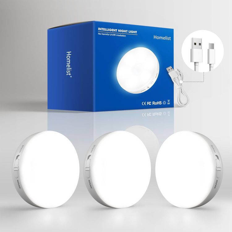 Picture of Homelist Motion Sensor Lights Indoor Rechargeable, 3 Pack Wireless Wall Night Light, LED Battery Operated Cupboard Puck Lighting for Stair, Bedroom, Bathroom, Kitchen Under Cabinet