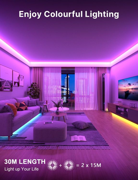 Picture of 30M LED Strip Lights, Ultra Long Bluetooth RGB Light Strips with Remote & App Control, Colour Changing Tape Lights, Music Sync Dimmable Lighting for Bedroom, Living Room, Gaming Room & Christmas Decor [Energy Class A]